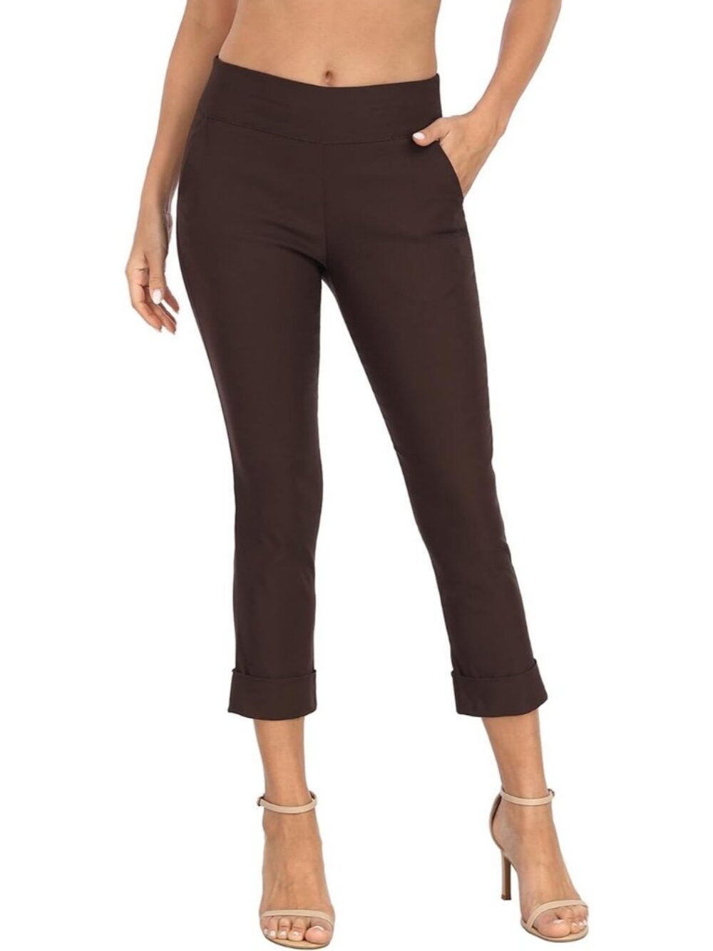 Women's Dark Brown Capri Pants Pull On Elastic Waist Cropped Pants With Pockets